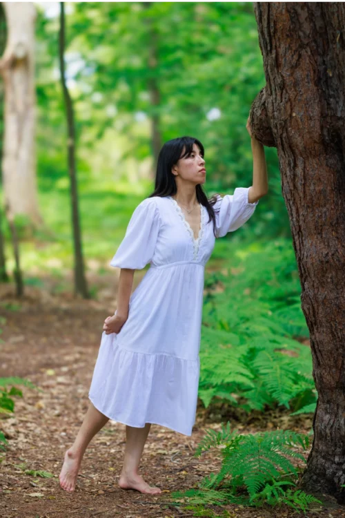 Puff Sleeve All-White Cotton Dress